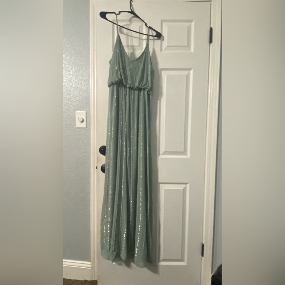 Silver sage beaded bridesmaid dress